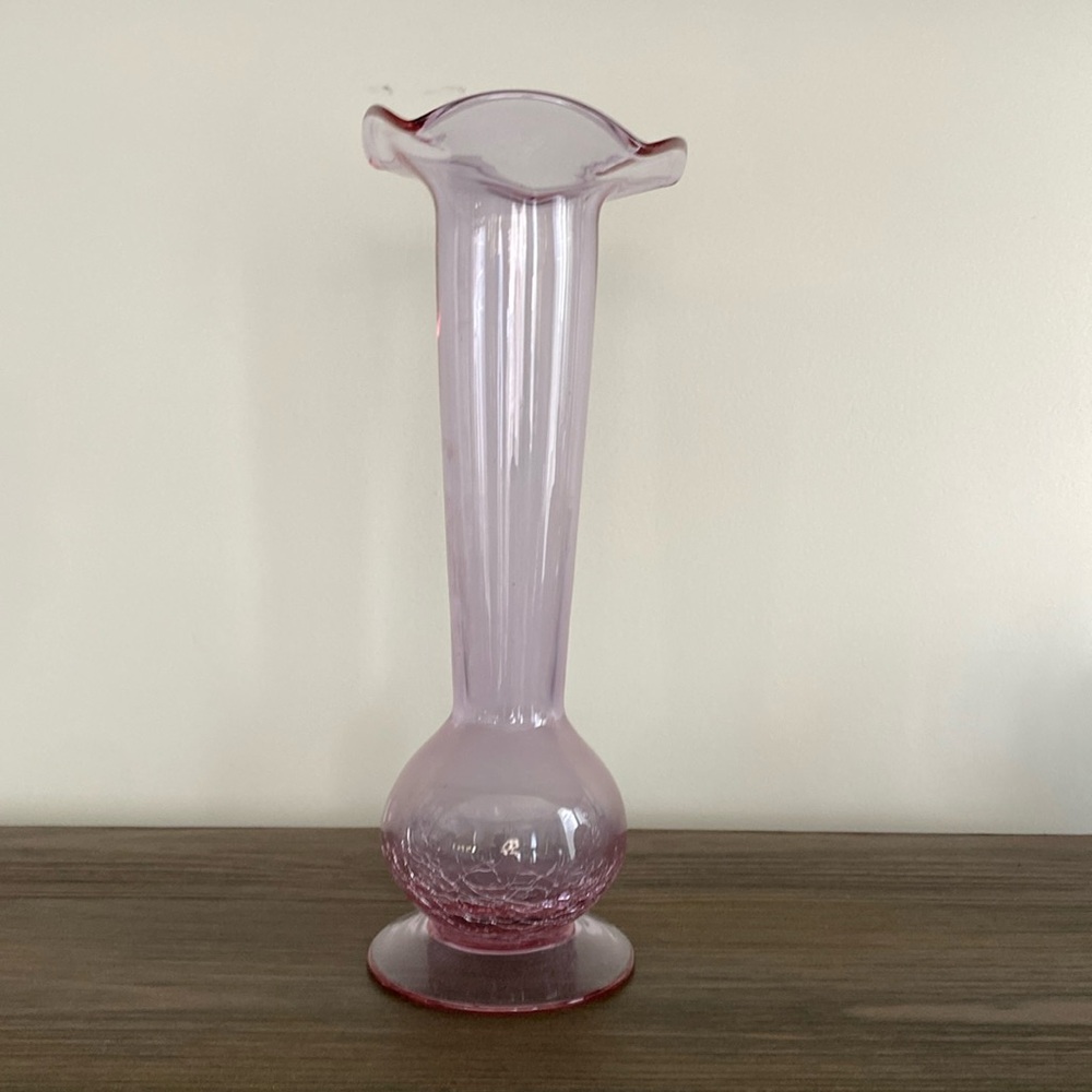 Vintage Hand Blown Pink Fluted Crackle Glass Vase 9.25"H Ruffled Edge.